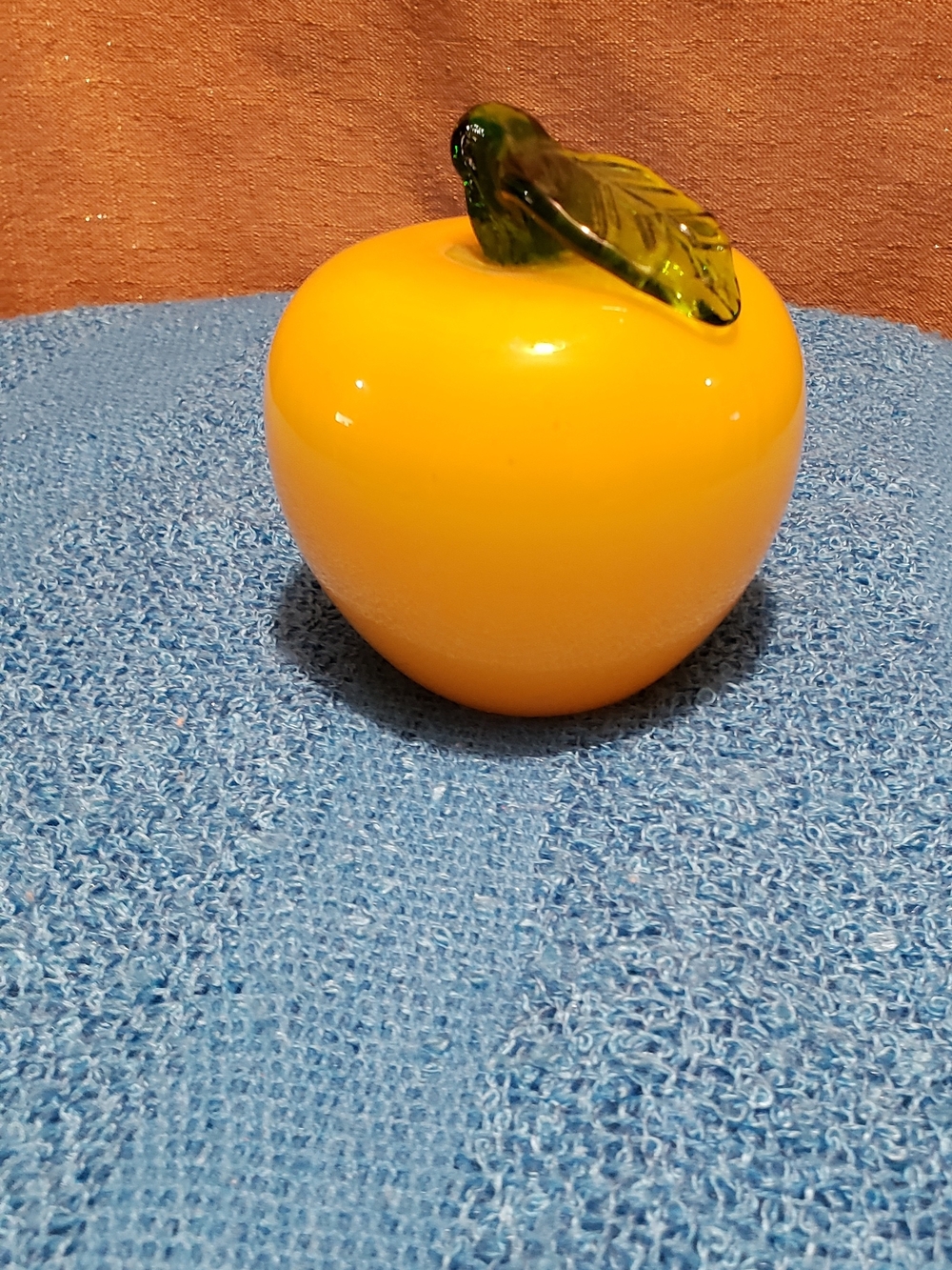 Glass Yellow Apple Fruit Sculpture with Green Leaf